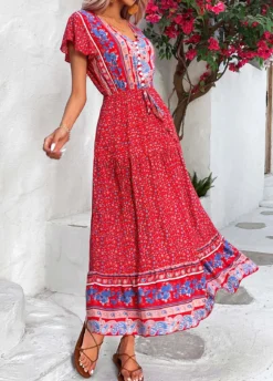 Red Button Ditsy Floral Print Short Sleeve Dress -Elegance Swimwear Store 327285 P 1677476794306