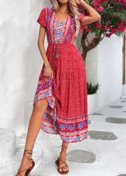 Red Button Ditsy Floral Print Short Sleeve Dress -Elegance Swimwear Store 327285 P 1677476794742
