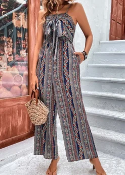 Multi Color Tie Tribal Print Ankle Length Jumpsuit