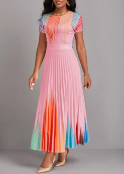 Beige Pleated Ombre Short Sleeve Maxi Dress -Elegance Swimwear Store 327296 P 16770293921912