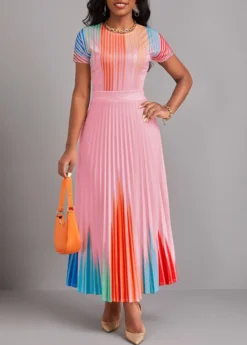 Beige Pleated Ombre Short Sleeve Maxi Dress -Elegance Swimwear Store 327296 P 16770293922723