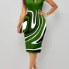 Green Criss Cross Geometric Print Bodycon Dress