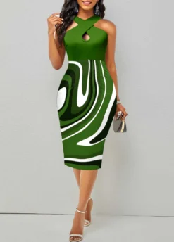 Green Criss Cross Geometric Print Bodycon Dress -Elegance Swimwear Store 327370 P 1677057078205