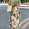 Sage Green Fake 2in1 Leaf Print Dress
