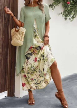 Sage Green Fake 2in1 Leaf Print Dress -Elegance Swimwear Store 327476 P 16792882501306