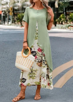 Sage Green Fake 2in1 Leaf Print Dress -Elegance Swimwear Store 327476 P 16792882506752