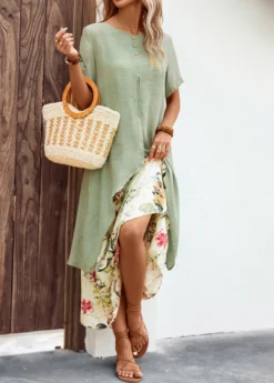 Sage Green Fake 2in1 Leaf Print Dress -Elegance Swimwear Store 327476 P 167928825076611