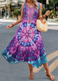 Purple Handkerchief Hem Tie Dye Print Dress