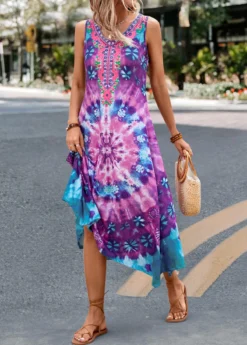 Purple Handkerchief Hem Tie Dye Print Dress -Elegance Swimwear Store 327585 P 16796207022675