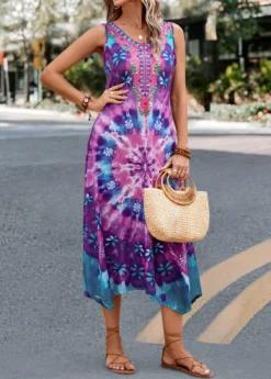 Purple Handkerchief Hem Tie Dye Print Dress -Elegance Swimwear Store 327585 P 16796207028494