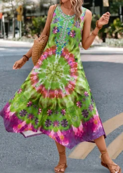 Green Handkerchief Hem Tie Dye Print Dress -Elegance Swimwear Store 327586 P 16796207034515