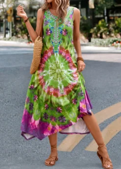 Green Handkerchief Hem Tie Dye Print Dress