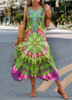 Green Handkerchief Hem Tie Dye Print Dress -Elegance Swimwear Store 327586 P 16796207039914