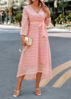 Light Pink Lace Patcwork Belted Dress