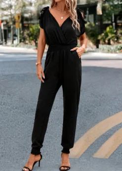 Black Criss Cross Ankle Length Short Sleeve Jumpsuit -Elegance Swimwear Store 327619 P 16793915984322