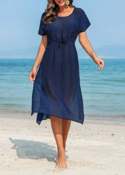 Drawstring Navy Side Slit Cover Up Dress -Elegance Swimwear Store 327870 P 16798827503503