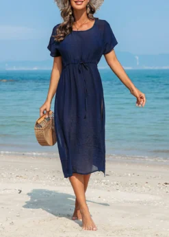 Drawstring Navy Side Slit Cover Up Dress -Elegance Swimwear Store 327870 P 16798827503965