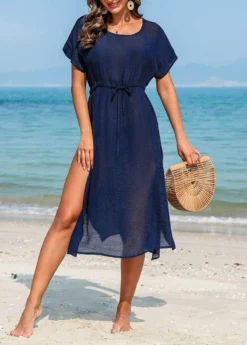 Drawstring Navy Side Slit Cover Up Dress -Elegance Swimwear Store 327870 P 16798827505134