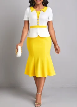 Yellow Fake 2in1 Short Sleeve Bodycon Dress -Elegance Swimwear Store 327967 P 16796502125893