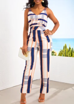 Multi Color Pocket Geometric Print Ankle Length Jumpsuit