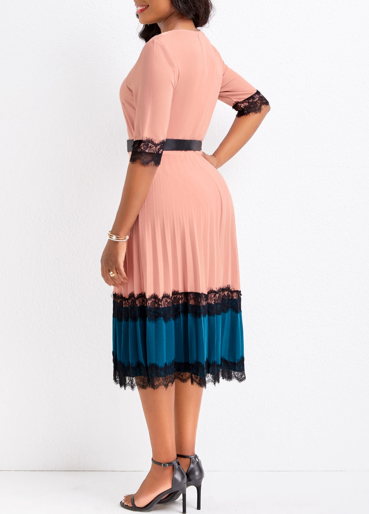 Dusty Pink Lace Belted Half Sleeve Dress 2 Dusty Pink Lace Belted Half Sleeve Dress - Image 2