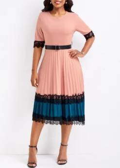 Dusty Pink Lace Belted Half Sleeve Dress 8 Dusty Pink Lace Belted Half Sleeve Dress -Elegance Swimwear Store 328059 P 16790464501353
