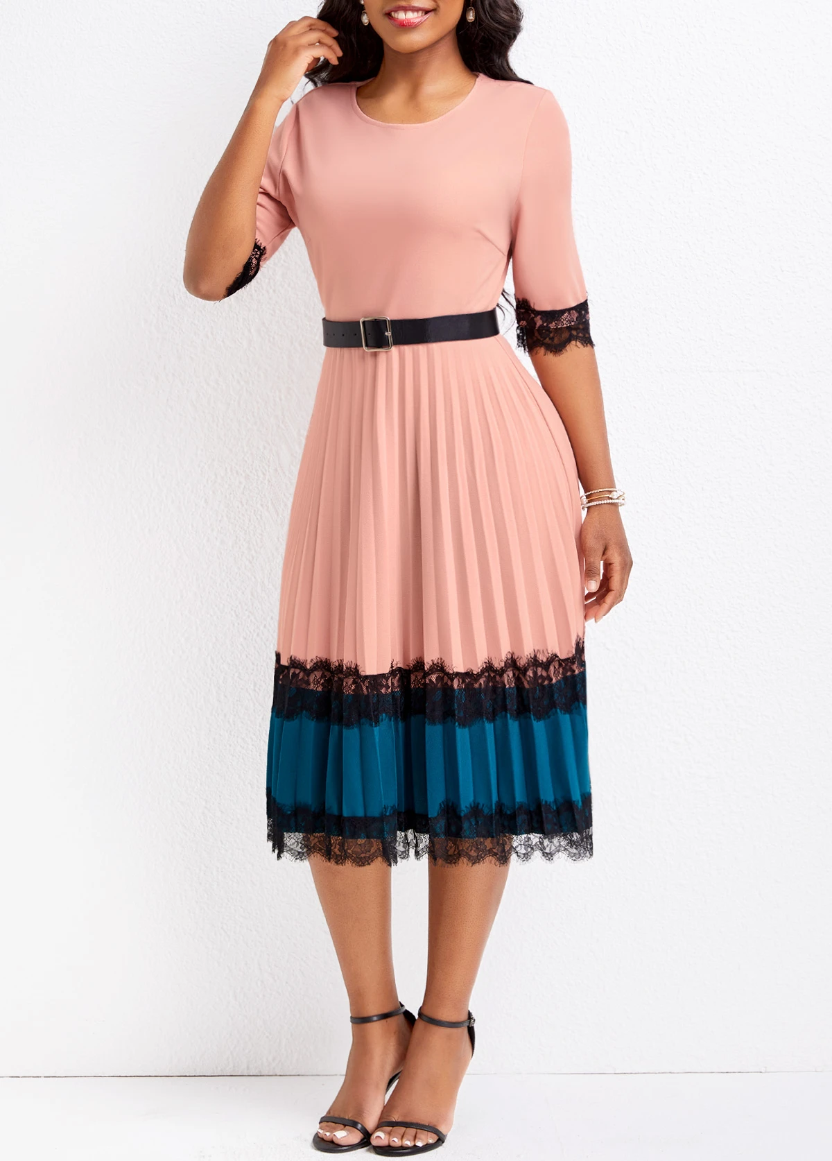 Dusty Pink Lace Belted Half Sleeve Dress 3 Dusty Pink Lace Belted Half Sleeve Dress - Image 3