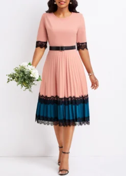 Dusty Pink Lace Belted Half Sleeve Dress