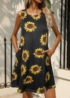 Black Pocket Floral Print A Line Dress