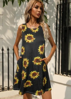 Black Pocket Floral Print A Line Dress -Elegance Swimwear Store 328108 P 1677637670288