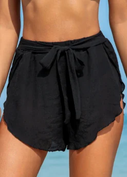 Cross Hem Belted Black Beach Shorts