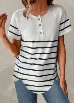 Plus Size White Button Striped T Shirt -Elegance Swimwear Store 328310 P 1678179200667