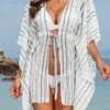 Half Sleeve Drawstring Striped White Cover Up
