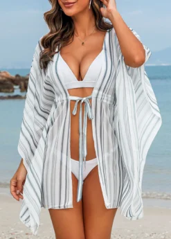 Half Sleeve Drawstring Striped White Cover Up 10 Half Sleeve Drawstring Striped White Cover Up -Elegance Swimwear Store 328401 P 16796269564853
