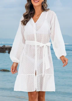 Bowknot White Belted Button Cover Up -Elegance Swimwear Store 328405 P 16796269542603