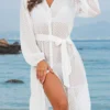 Bowknot White Belted Button Cover Up
