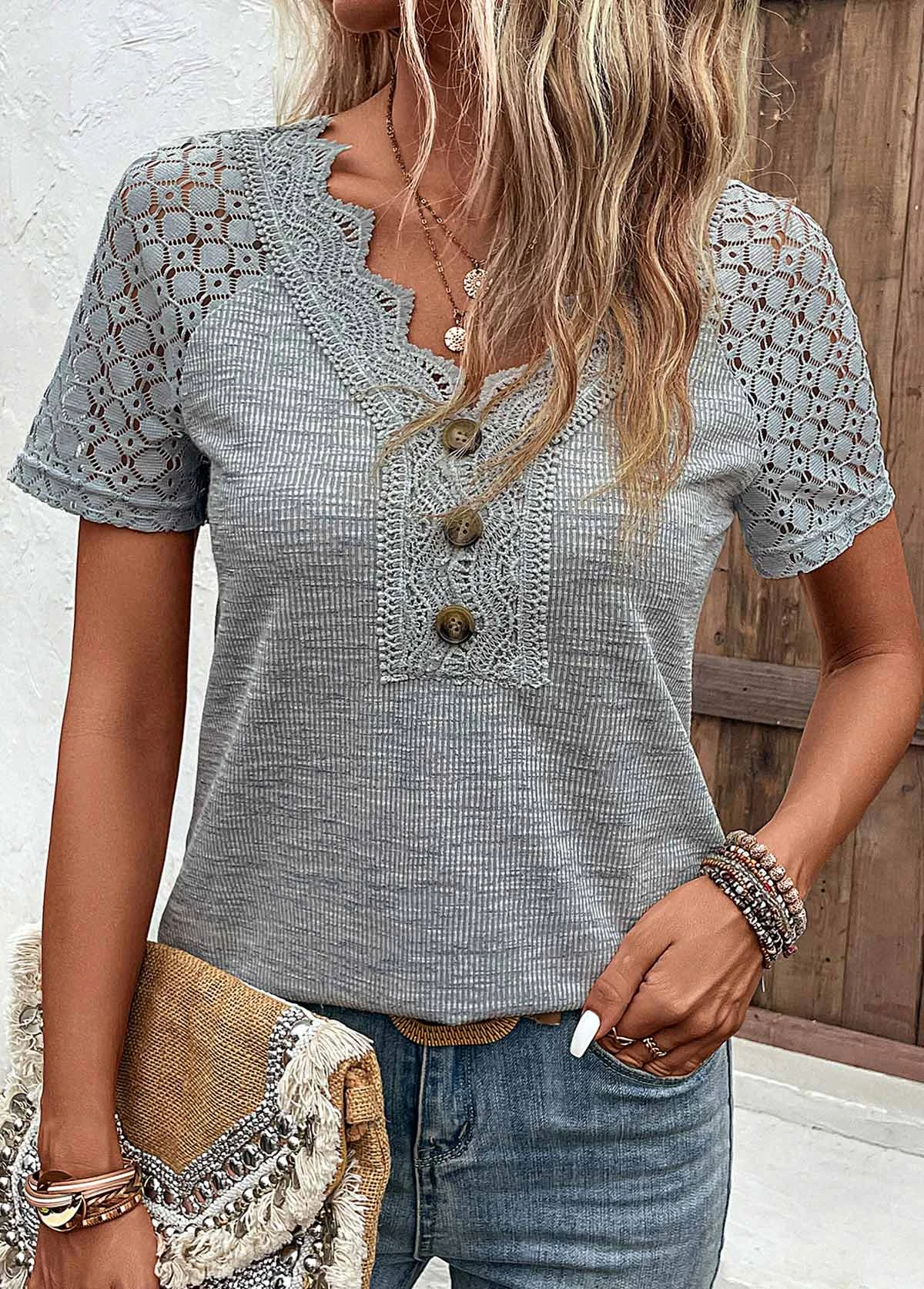 Plus Size Grey Lace Short Sleeve T Shirt 4 Plus Size Grey Lace Short Sleeve T Shirt - Image 4
