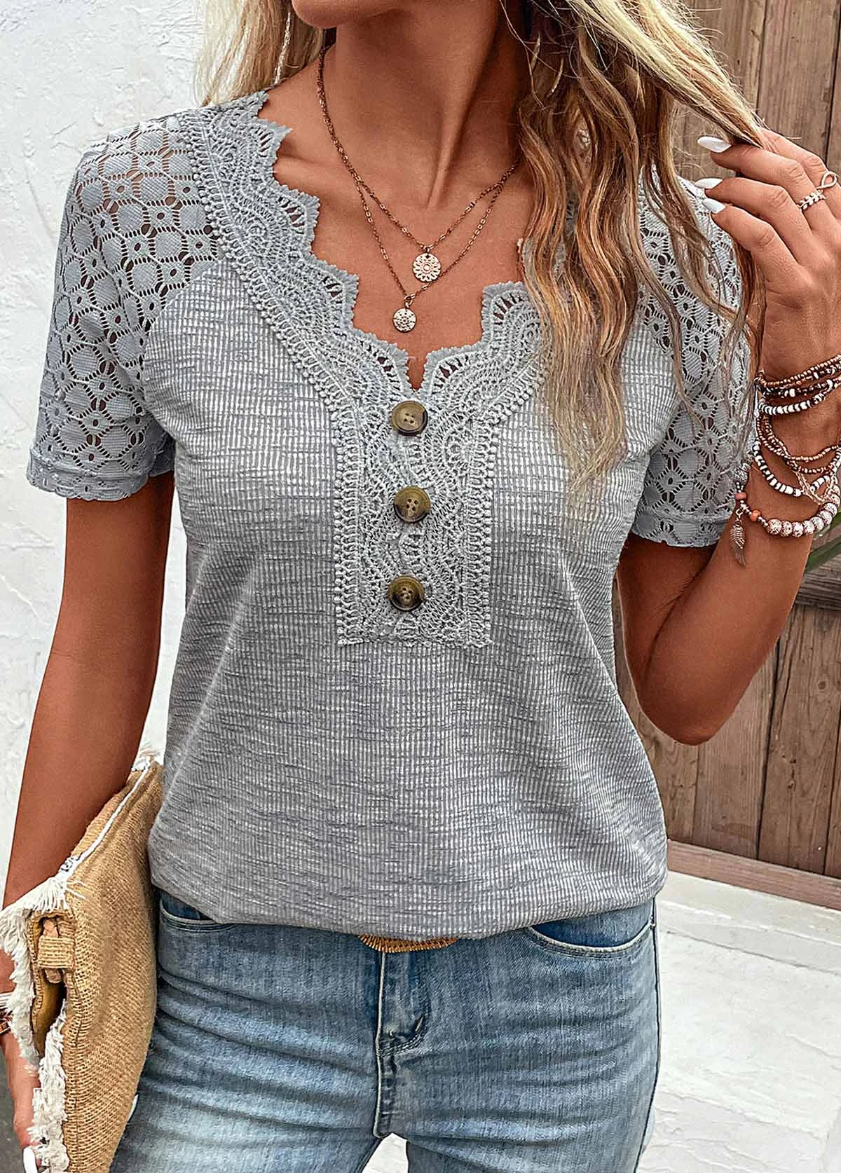 Plus Size Grey Lace Short Sleeve T Shirt 6 Plus Size Grey Lace Short Sleeve T Shirt - Image 6