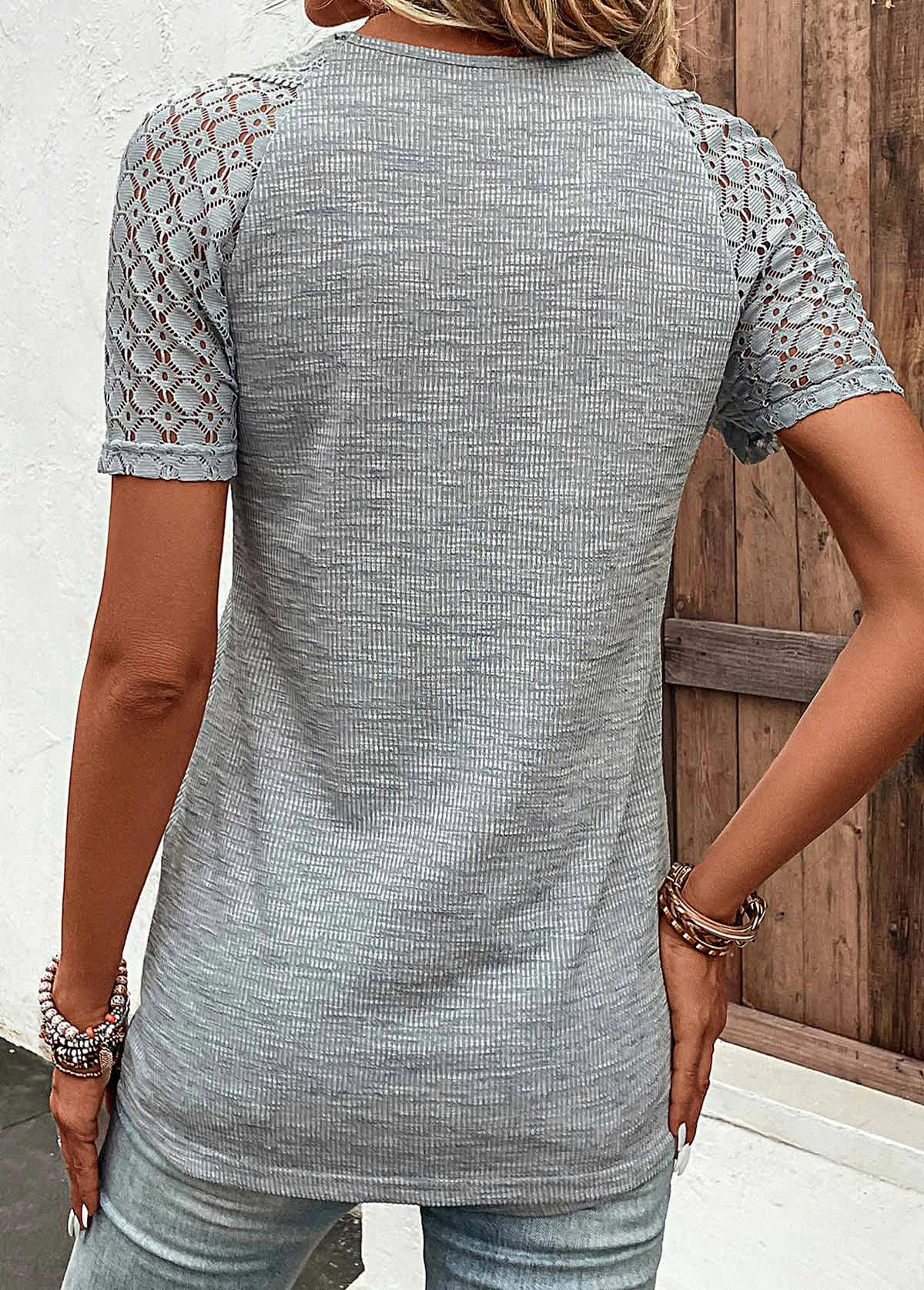 Plus Size Grey Lace Short Sleeve T Shirt 2 Plus Size Grey Lace Short Sleeve T Shirt - Image 2