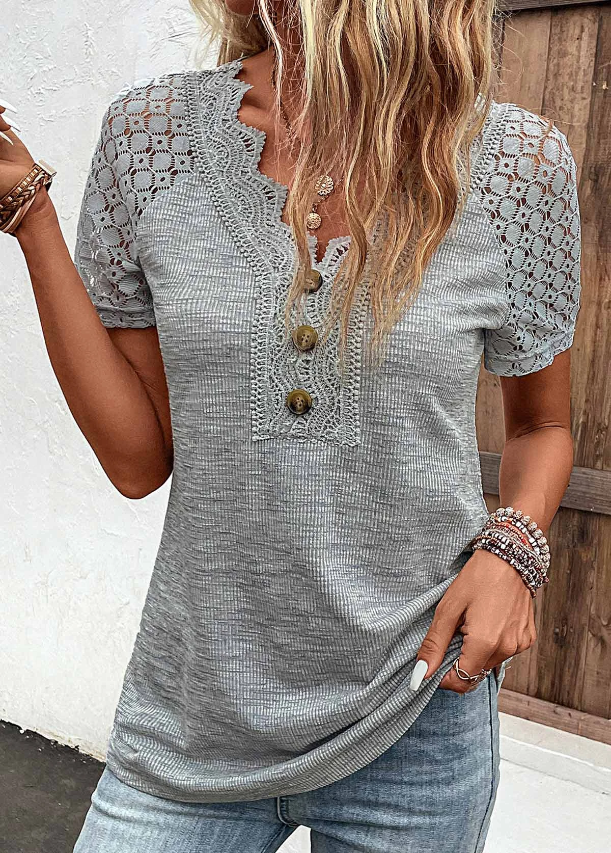 Plus Size Grey Lace Short Sleeve T Shirt 5 Plus Size Grey Lace Short Sleeve T Shirt - Image 5