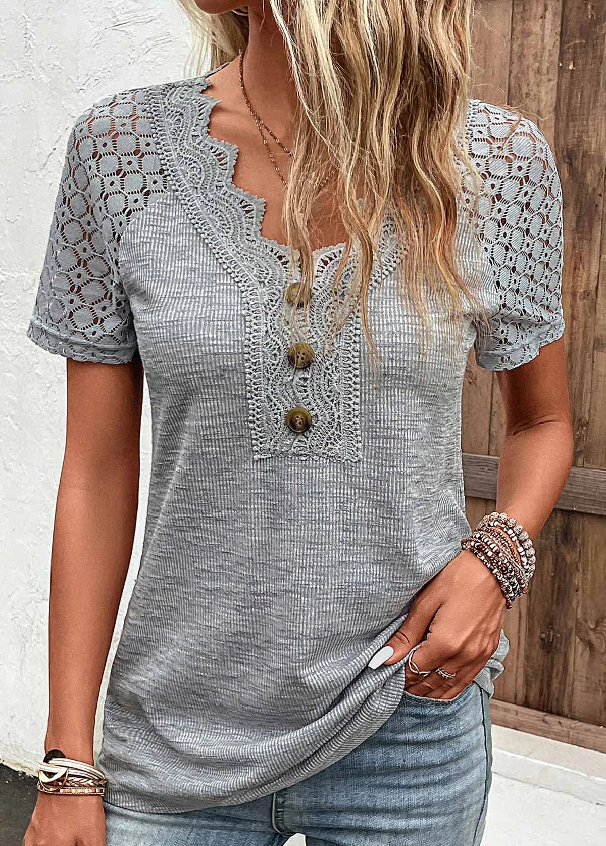 Plus Size Grey Lace Short Sleeve T Shirt 1 Plus Size Grey Lace Short Sleeve T Shirt