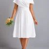 White Umbrella Hem Short Sleeve V Neck Dress