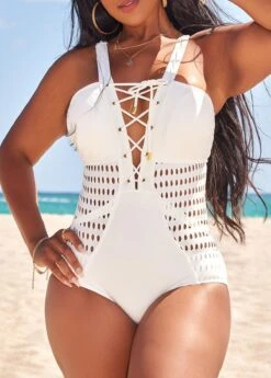 Lace Up White Patchwork One Piece Swimwear