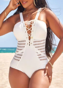 Lace Up White Patchwork One Piece Swimwear -Elegance Swimwear Store 328601 P 16824734516134