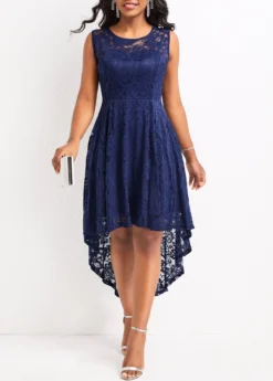 Navy Lace High Low Sleeveless Scoop Neck Dress -Elegance Swimwear Store 328734 P 16790469365293