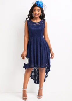 Navy Lace High Low Sleeveless Scoop Neck Dress -Elegance Swimwear Store 328734 P 16790469366194