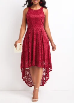 Wine Red Lace High Low Sleeveless Dress -Elegance Swimwear Store 328735 P 16802626920103