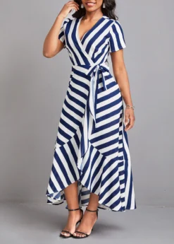Blue Ruffle Striped Short Sleeve Maxi Dress -Elegance Swimwear Store 328740 P 16792920140833