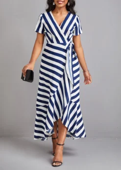 Blue Ruffle Striped Short Sleeve Maxi Dress