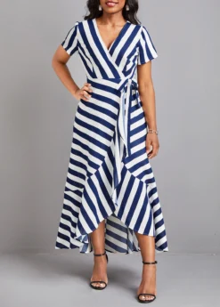 Blue Ruffle Striped Short Sleeve Maxi Dress -Elegance Swimwear Store 328740 P 16792920148592